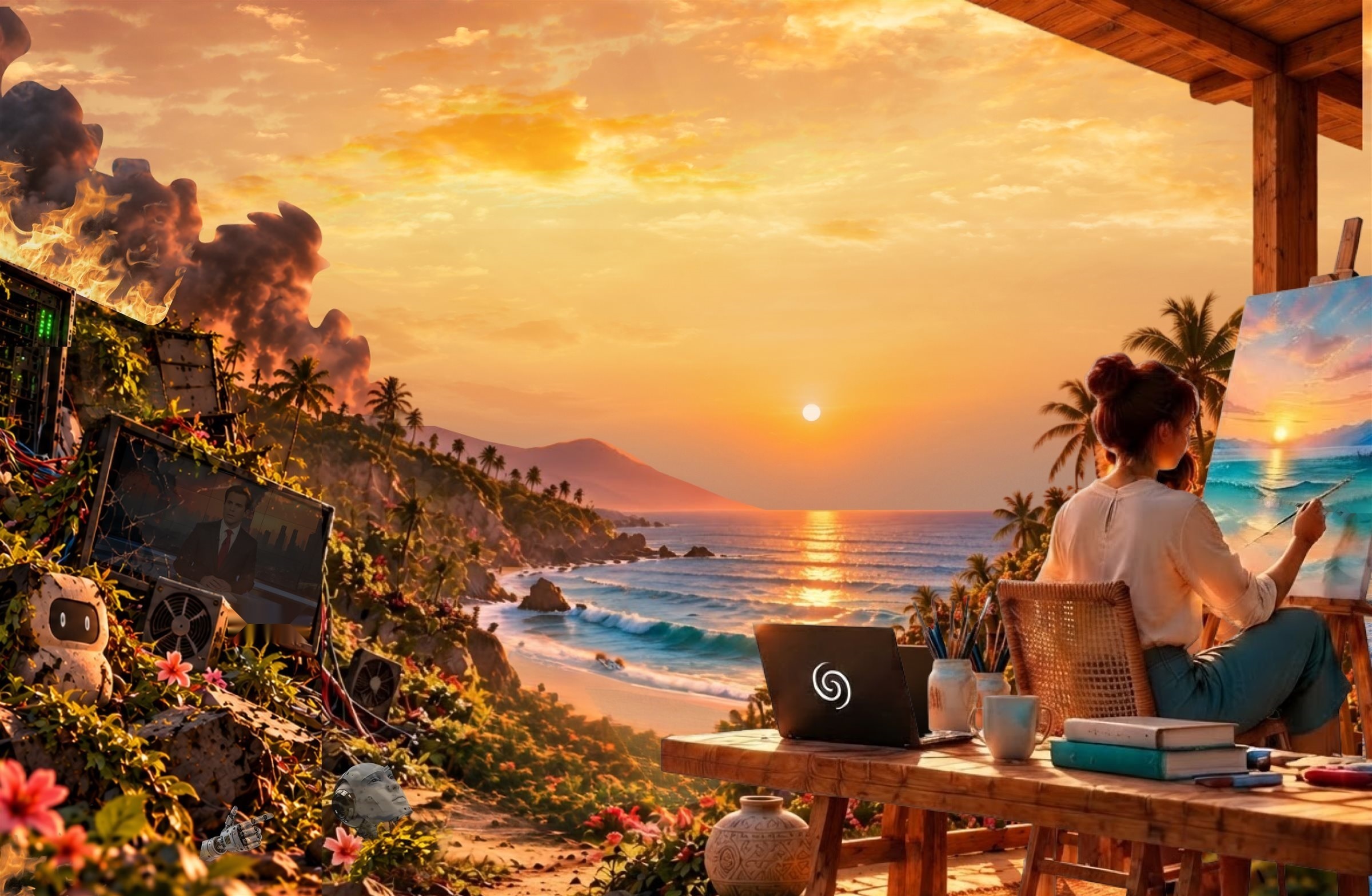 A pile of burned-out, vine-reclaimed AI server racks on the left giving way to a calm oceanfront studio on the right, where a person paints at an easel beside a laptop bearing the Swerl logo.